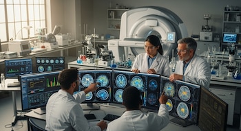 Cuatro científicos con batas blancas en un laboratorio observan múltiples pantallas mostrando imágenes de cerebros humanos con biomarcadores, con equipo de escaneo al fondo.