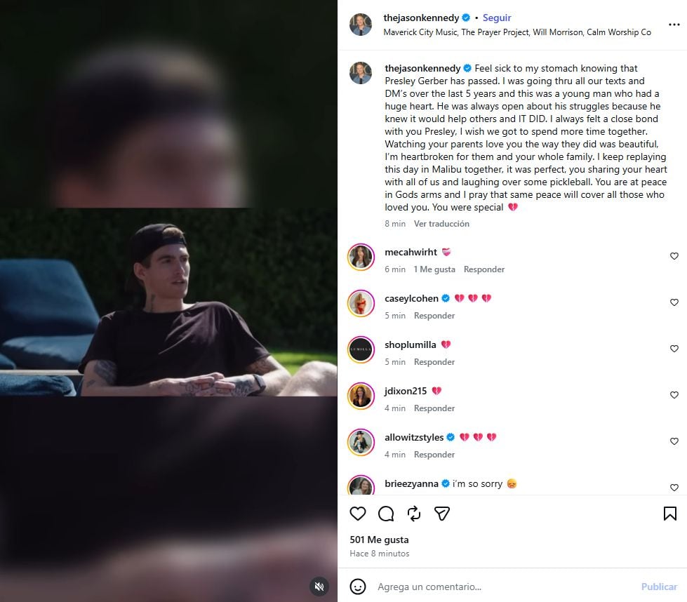 Jason Kennedy afirmó que Presley Gerber hablaba de sus dificultades para ayudar a otras personas y expresó su pesar por la familia (Instagram/Jason Kennedy)