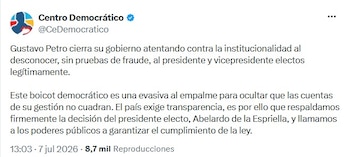 En plena escalada de choques políticos tras la elección de Abelardo de la Espriella como el nuevo mandatario de Colombia, el Centro Democrático acusó al presidente Gustavo Petro de “cerrar su gobierno atentando contra la institucionalidad” - crédito @CeDemocratico/X