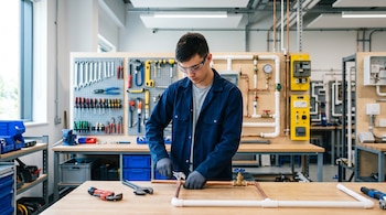 Un joven con gafas de protección ajusta una tubería de cobre sobre una mesa de trabajo en un taller equipado con herramientas y paneles.