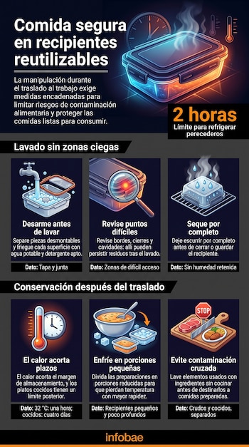 Infografía con ilustraciones de un recipiente de plástico, un grifo con agua, una lupa, un termómetro, un reloj y alimentos.