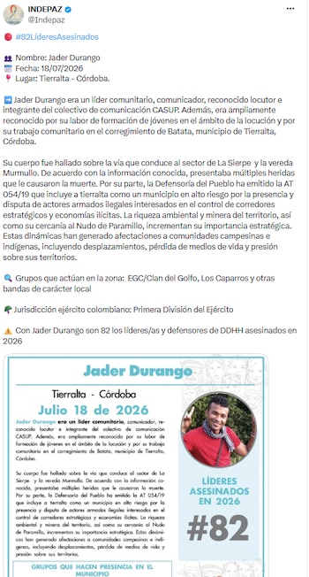 Conmoción en Córdoba por el homicidio de Jader Durango, referente comunitario en Batata - crédito @Indepaz/X