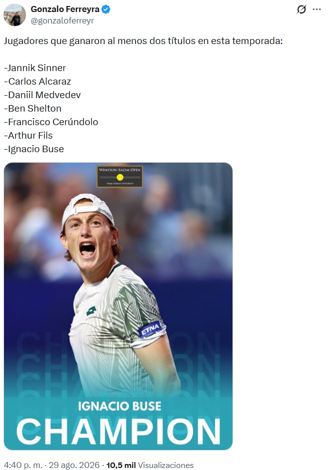 Los tenistas ATP que han ganado al menos dos títulos en la temporada 2026. Crédito: Captura X.