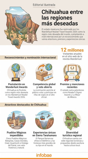 Infografía de Chihuahua con su mapa ilustrado con paisajes y edificios. Incluye íconos de premios, una urna de votación y textos sobre su nominación turística.
