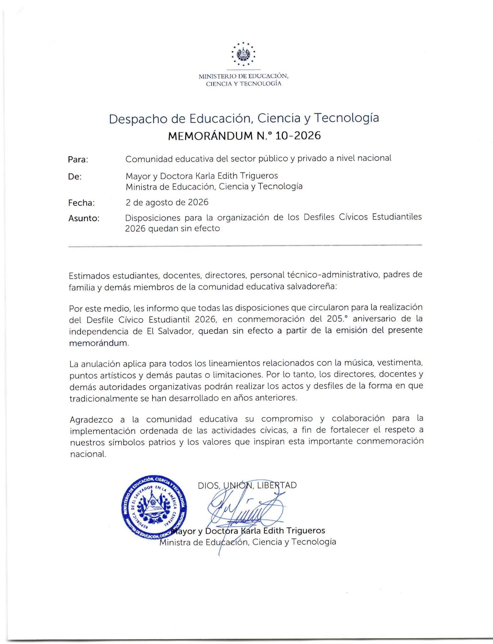 La anulación eliminó las pautas sobre música, vestimenta, puntos artísticos y otras limitaciones para los desfiles estudiantiles. (Cortesía: Ministerio de Educación)