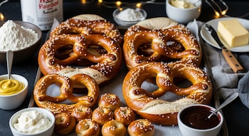 Pretzels tradicionales y mini pretzels recién horneados con sal gruesa sobre una bandeja, acompañados de cuencos con mostaza, queso crema y salsa de chocolate; harina y manteca al fondo.