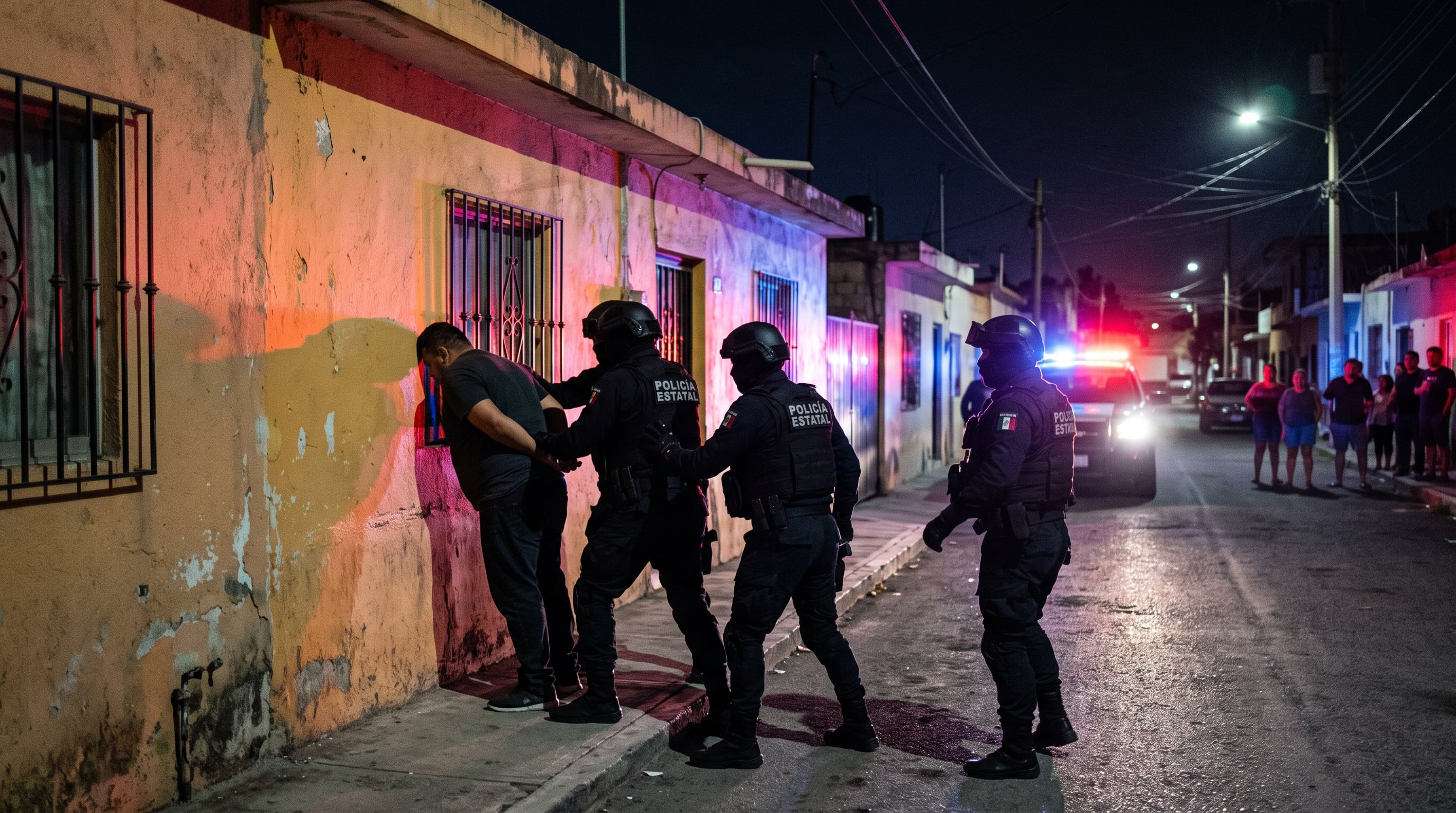 Agentes de la Policía Estatal detienen a un hombre contra la pared de una vivienda durante un operativo nocturno en una calle de México. (Imagen Ilustrativa Infobae)