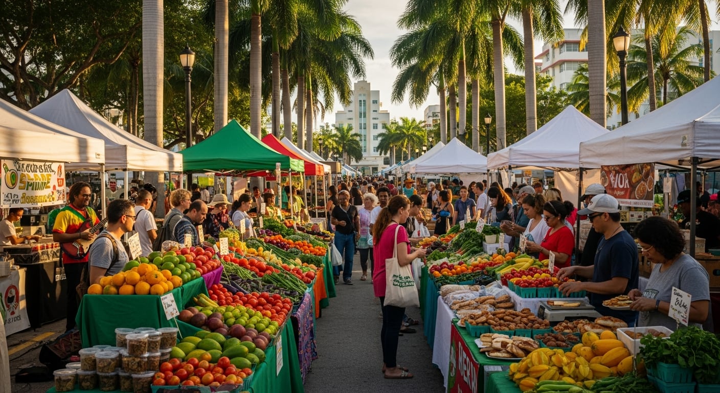Clientes disfrutan de la diversidad de productos frescos como frutas y verduras en un bullicioso mercado agrícola al aire libre en Miami, con palmeras y edificios art déco de fondo. (Imagen Ilustrativa Infobae)