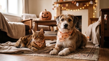 Un perro y un gato atigrado descansan sobre una alfombra en una sala con una calabaza tallada, guirnaldas y muebles de madera.