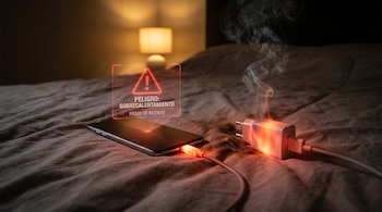 Un teléfono móvil se carga sobre una cama. Su cargador emite humo y resplandece en rojo, con una señal de advertencia digital de "Peligro: Sobrecalentamiento" sobre ellos.