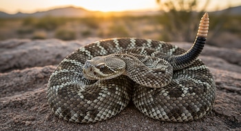 Primer plano de una serpiente de cascabel enroscada sobre tierra arenosa. Tiene patrones de diamante en gris y blanco, su cabeza levantada y el cascabel visible.