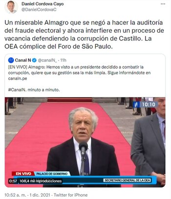 Daniel Córdova critica a Luis Almagro