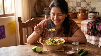 Una mujer sentada a una mesa de madera sostiene una cuchara sobre un plato de sopa, junto a limones, chiles serranos y un vaso de agua.