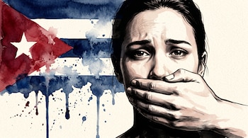 Dibujo de una mujer con la boca cubierta por una mano, ubicado junto a una bandera de Cuba pintada en acuarela que se desdibuja en gotas.