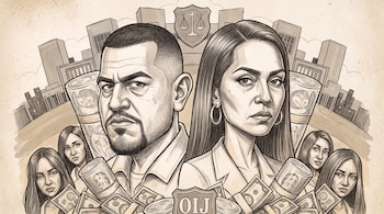 Dibujo a lápiz de un hombre y una mujer serios, rodeados de dinero, edificios y cuatro mujeres llorando. Un escudo con balanza y otro con "OIJ" son visibles.