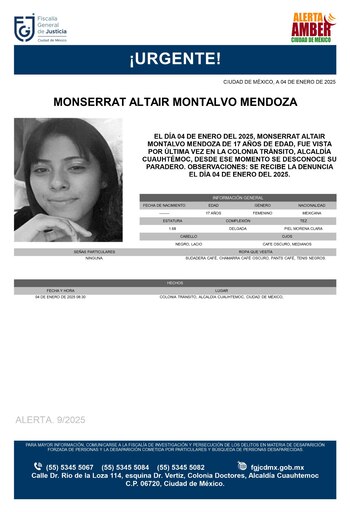 Alerta Amber emitida por la Fiscalía CDMX para localizar a Monserrat Altair Montalvo Mendoza