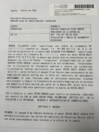 Familia de Kevin Acosta instauró ante la Comisión de Acusaciones del Congreso una denuncia contra el presidente Gustavo Petro - crédito MANUEL VICENTE VILLANUEVA