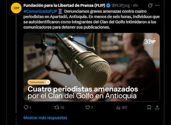 Los responsables de las intimidaciones se identificaron como integrantes del Ejército Gaitanista de Colombia, también conocido como Clan del Golfo - crédito X