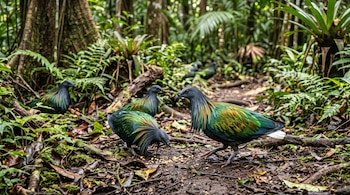 Cuatro palomas de plumaje iridiscente verde y cobrizo caminan y comen semillas sobre la tierra en un bosque.