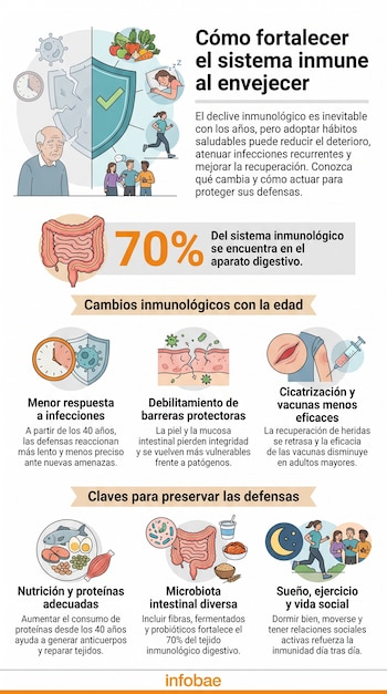 Infografía sobre el sistema inmunológico, mostrando el deterioro por la edad y cómo fortalecerlo con dieta, ejercicio, sueño, microbiota y vida social.