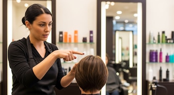 Mujer estilista señala la cabeza de un cliente en un salón de belleza. Se observan espejos en las paredes y productos en estantes de cristal.