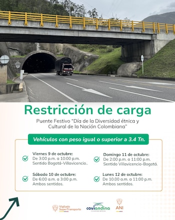 Con motivo del Día de la Diversidad Étnica y Cultural de la Nación Colombiana se implementa la restricción para vehículos de carga en el corredor vial Bogotá – Villavicencio - crédito Coviandina