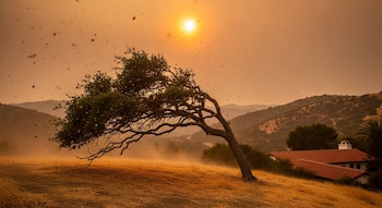 Un árbol se inclina por el fuerte viento, con polvo y escombros volando, sobre una colina de hierba seca. El cielo anaranjado con el sol y una casa en el fondo.