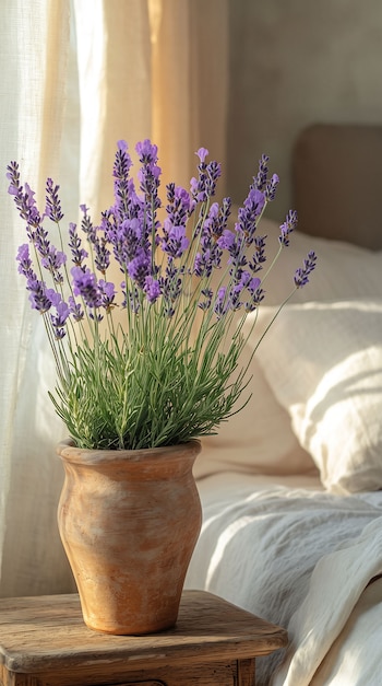 Planta de lavanda morada en una jarra de barro sobre una mesa de madera junto a una cama con cojines blancos