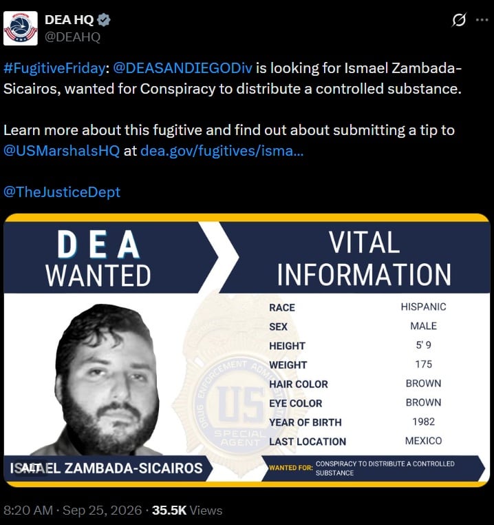 La DEA volvió a publicar la ficha de búsqueda del hijo de El Mayo. (X @DEAHQ)