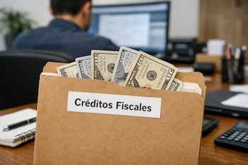 Una carpeta marrón con la etiqueta "Créditos Fiscales" contiene billetes de cien y veinte dólares. Un hombre usa una computadora al fondo.