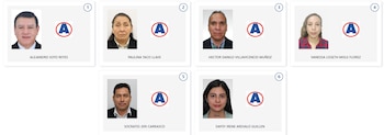 Grid de seis recuadros. Cada uno muestra un retrato de un candidato, un logo con una 'A' azul y el nombre completo de la persona debajo