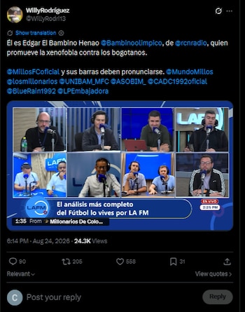 El periodista que cubre a Millonarios resaltó las polémicas palabras de su colega Edgar El "Bambino" Henao-crédito @WillyRodri13/X