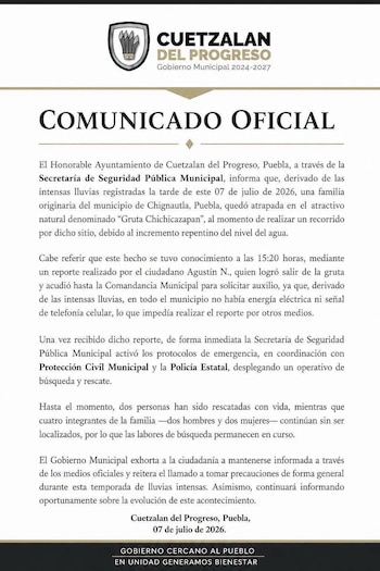 Documento oficial del Ayuntamiento de Cuetzalan con el escudo municipal, titulado "Comunicado Oficial", y texto sobre un incidente en una gruta