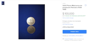 moneda Expropiación Petrolera. (Foto: Mercado Libre)
