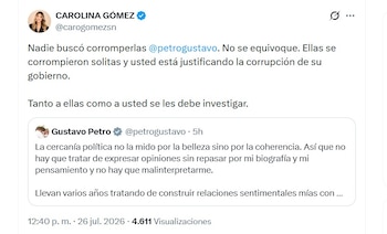 La periodista Carolina Gómez, vocera del gobierno electo de Abelardo de la Espriella, cuestionó las declaraciones del presidente Gustavo Petro sobre las investigaciones que involucran a Juliana y Verónica Guerrero - crédito @carogomezsn/X