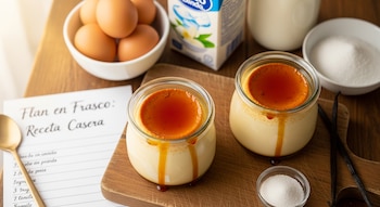 Dos flanes individuales en frascos de vidrio con caramelo, huevos en un cuenco, cartón de leche, azúcar, vainilla en rama y una receta escrita en una mesa de madera clara.