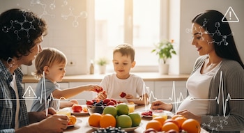 Una familia de cuatro personas, incluyendo a un padre, dos niños pequeños y una mujer embarazada, come fruta en una mesa, con gráficos médicos superpuestos.