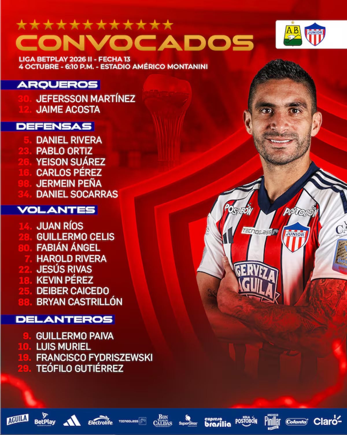 Estos son los convocados de Junior de Barranquilla para jugar ante Atlético Bucaramanga en la fecha 13 de la Liga BetPlay 2026-II - crédito @juniorclubsa/Instagram