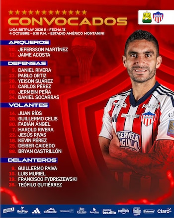 Estos son los convocados de Junior de Barranquilla para jugar ante Atlético Bucaramanga en la fecha 13 de la Liga BetPlay 2026-II - crédito @juniorclubsa/Instagram