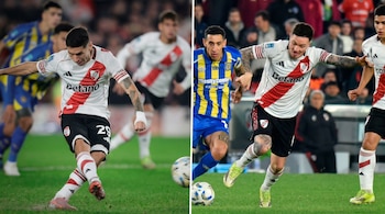 Imagen dividida que muestra a Enzo Díaz de River Plate pateando un balón y a Ángel Di María de Rosario Central corriendo en el campo de juego.