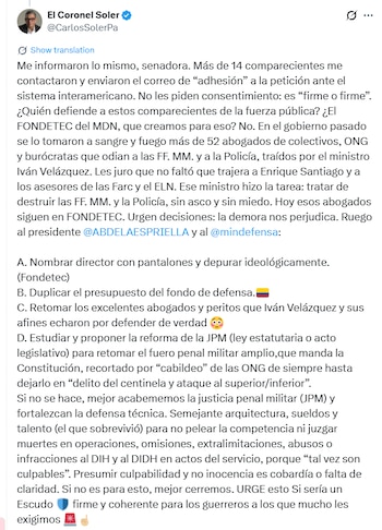 El coronel en retiro Carlos Javier Soler respondió a la denuncia de la senadora Posada - crédito @CarlosSolerPa/X