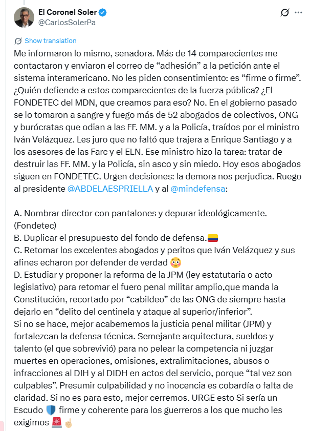 El coronel en retiro Carlos Javier Soler respondió a la denuncia de la senadora Posada - crédito @CarlosSolerPa/X