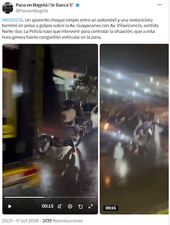 Choque entre un carro y una moto terminó en pelea en el sur de Bogotá - crédito @PasaenBogota/X