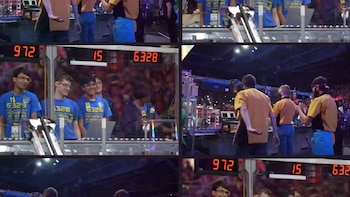 Mosaico de seis paneles. Se ven marcadores digitales con los números 972, 15 y 6328. Jóvenes con camisetas azules del equipo "6328 Mechanical Advantage" observan atentos. Otros participan con equipo