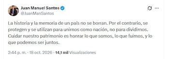 Juan Manuel Santos rechazó la retirada de cerca de 50 piezas del Museo Nacional - crédito @JuanManSantos/X