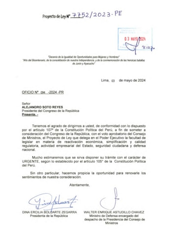 Oficio enviado por Dina Boluarte