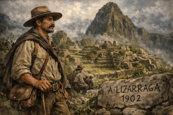 Pintura de un hombre con sombrero, capa y bastón frente a ruinas incas y montañas cubiertas de niebla, con un letrero grabado en una roca que dice A. Lizárraga 1902.