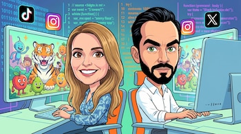 Caricatura de Paloma Valencia y Abelardo de la Espriella. Ambos están frente a monitores con imágenes de IA como un tigre y frutas. Íconos de redes sociales flotan.