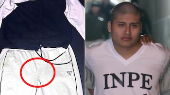 Díptico que muestra a "PEQUEÑO J", un hombre joven de cabeza rapada, y un pantalón de jogging blanco con manchas, resaltado con un círculo rojo