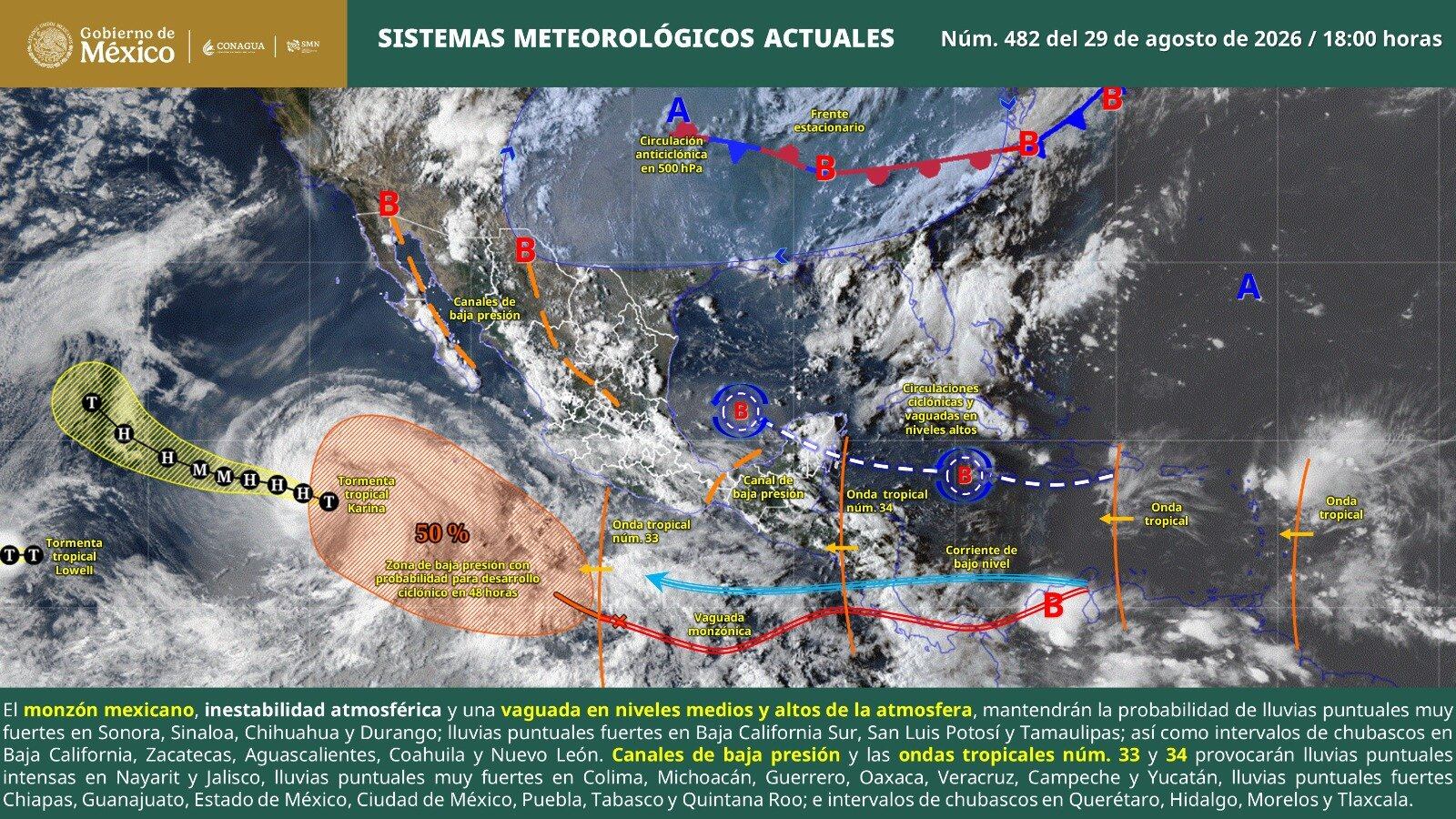 Un mapa del Servicio Meteorológico Nacional de México detalla las tormentas tropicales, canales de baja presión y ondas tropicales sobre el territorio nacional. (Conagua clima)